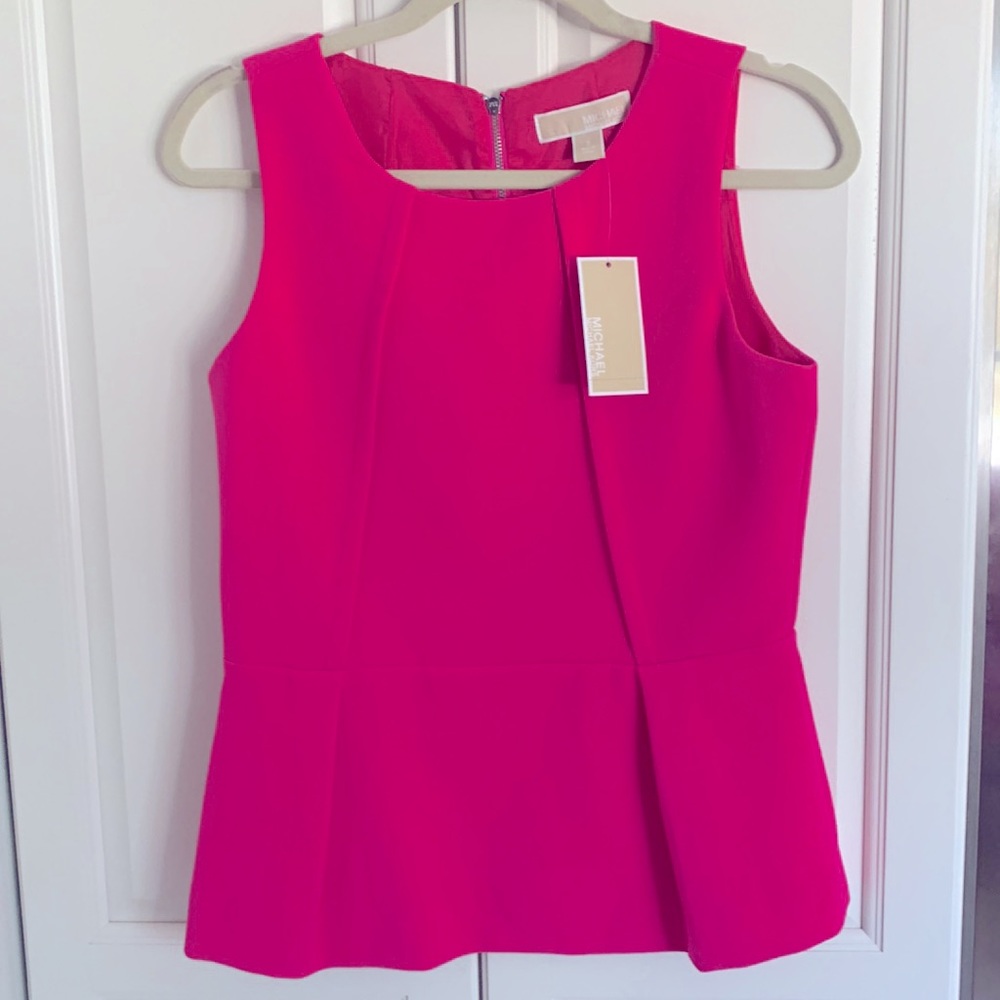 NWT 🌸 Michael Kors Hot Neon Barbicore Barbie 💕 Pink Peplum Flare Hem Top Sz 2